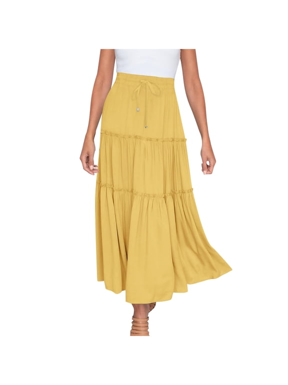 Womens Maxi Skirts Elastic Waist Boho Long Skirts for Women Casual Vacation Solid Color Womens Skirts Flowy Ankle-Length Skirts