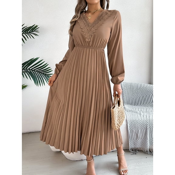 Womens Flowy Long Sleeve Dress Elegant Plain Color Stand Collar Belted Pleated Dress With Hem