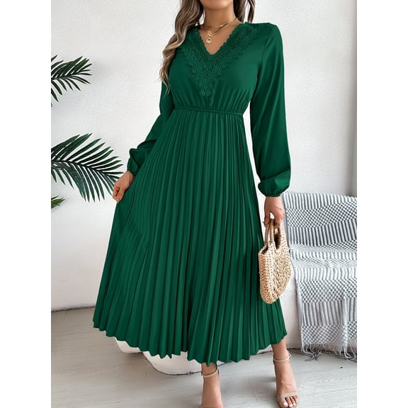 Womens Flowy Long Sleeve Dress Elegant Plain Color Stand Collar Belted Pleated Dress With Hem