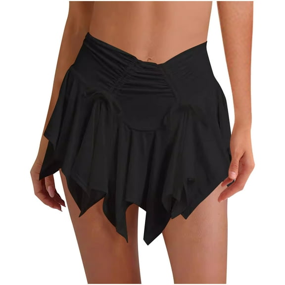Womens Flowy Mini Skirt Irregular Asymmetrical Drawstring Trendy Short Gothic Skirts Streetwear Black L