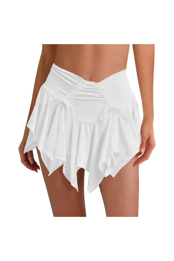 Womens Flowy Mini Skirt Irregular Asymmetrical Drawstring Trendy Short Gothic Skirts Streetwear White M