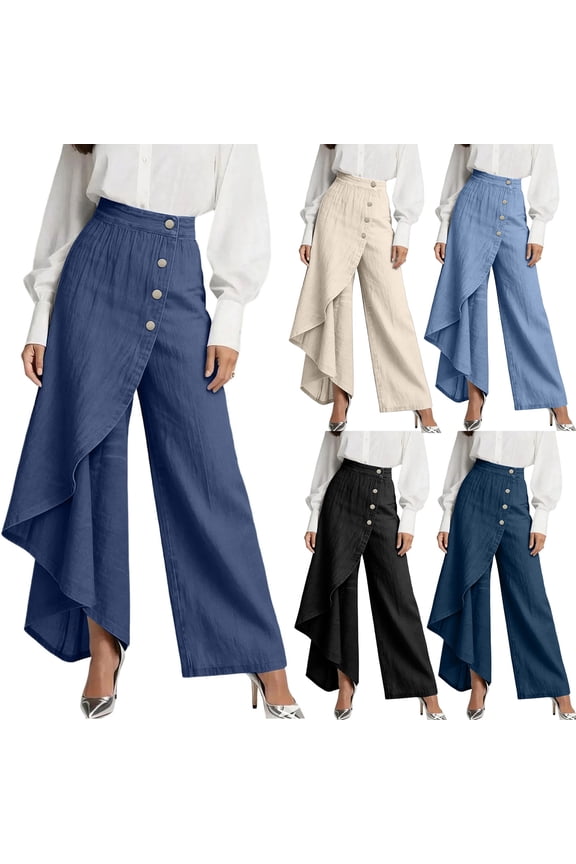Womens Flowy Pants Button Down High Waisted Wide Leg Trouser Trendy Side Split Ruffle Straight Leg Y2K Streetwear Black 2XL