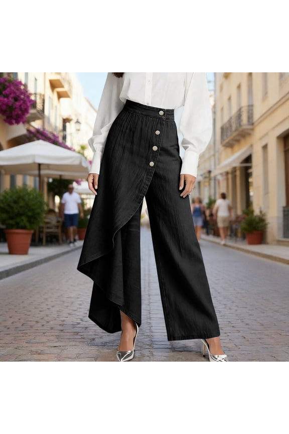 Womens Flowy Pants Button Down High Waisted Wide Leg Trouser Trendy Side Split Ruffle Straight Leg Y2K Streetwear, M