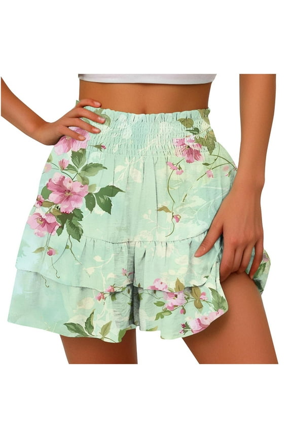 Womens Flowy Shorts Casual Boho Floral Skorts Ruffle Mini Skirts High Waisted Summer Skort Casual Tennis Skort
