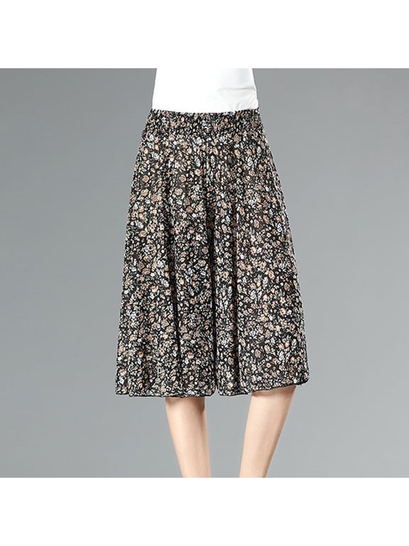 Womens Flowy Skort Wide Leg Plazzo Pants Knee Length (Khaki One Size)
