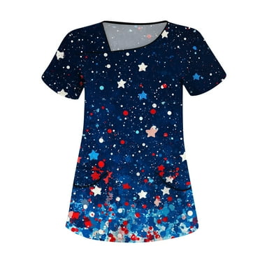 Womens Flowy Summer Tops, 4Th Of July Scrub Tops Women Plus Size Skew Collar Short Sleeve Workwear With Double Layer Pockets Red White And Royal Blue American Top Shirts (4XL, Blue) ZMTing