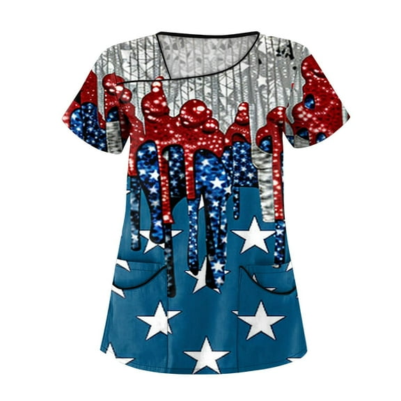 Womens Flowy Summer Tops, Scrubs For Women 4Th Of July Plus Size Skew Collar Short Sleeve Workwear With Double Layer Pockets Red White And Royal Blue American Top Scrubs (L, Royal Blue) ZMTing
