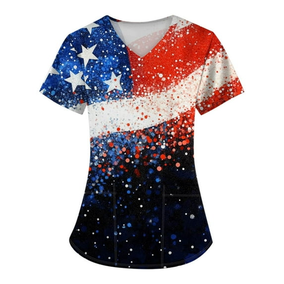 Womens Flowy Summer Tops, Scrubs For Women 4Th Of July Plus Size V Neck Short Sleeve Workwear With Pockets Red White And Royal Blue American Flag Top Maternity Pants Scrubs (XXL, Black) ZMTing