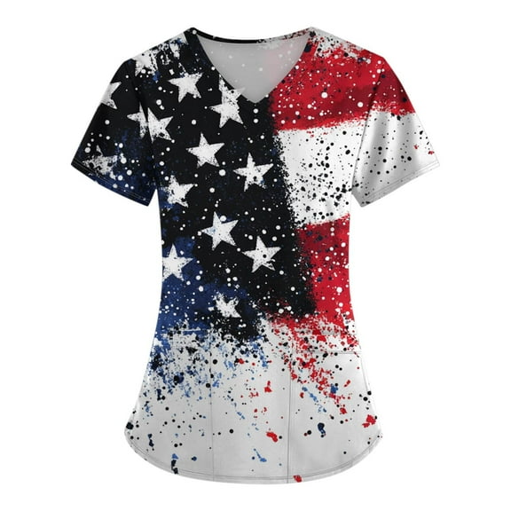 Womens Flowy Summer Tops, Scrubs For Women 4Th Of July Plus Size V Neck Short Sleeve Workwear With Pockets Red White And Royal Blue American Flag Top Women'S Scrubs Tops (XXL, Navy) ZMTing