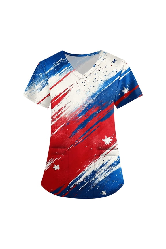 Womens Flowy Summer Tops, Scrubs For Women 4Th Of July V Neck Short Sleeve Workwear With Pockets Red White And Royal Blue American Flag Top Scrub Shirts Striped Tops Shirts (M, Red) ZMTing