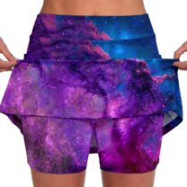 Womens Flowy Tennis Skirt with Shorts Galaxy Print Double Layer Yoga Pants Stretchy Slim Fit Skorts for Women Casual Summer,,L