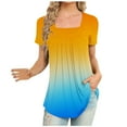 thumbnail image 1 of Womens Flowy Tunic Tops Gradient Color Trendy Pleated T-Shirts Square Neck Short Sleeve Colorblock Summer Tee (XL, Yellow), 1 of 5