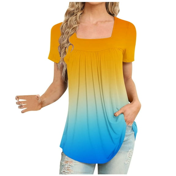 Womens Flowy Tunic Tops Gradient Color Trendy Pleated T-Shirts Square Neck Short Sleeve Colorblock Summer Tee (XL, Yellow)