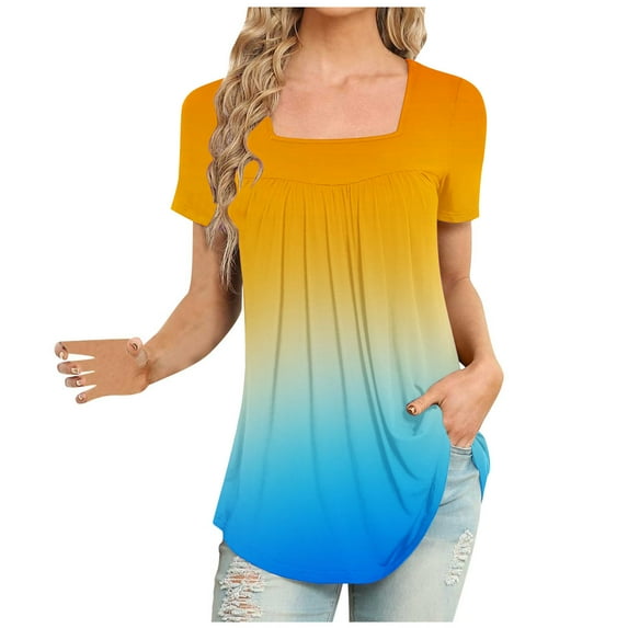 Womens Flowy Tunic Tops Gradient Color Trendy Pleated T-Shirts Square Neck Short Sleeve Colorblock Summer Tee (XL, Yellow)