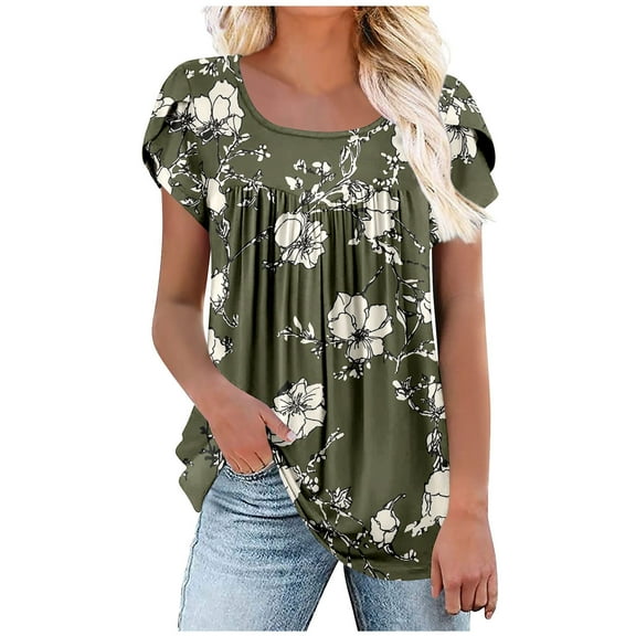 Womens Flowy Tunic Tops Petal Short Sleeve Floral Print Tees Pleated Dressy Casual Tshirts Summer Clothes (M, Green)