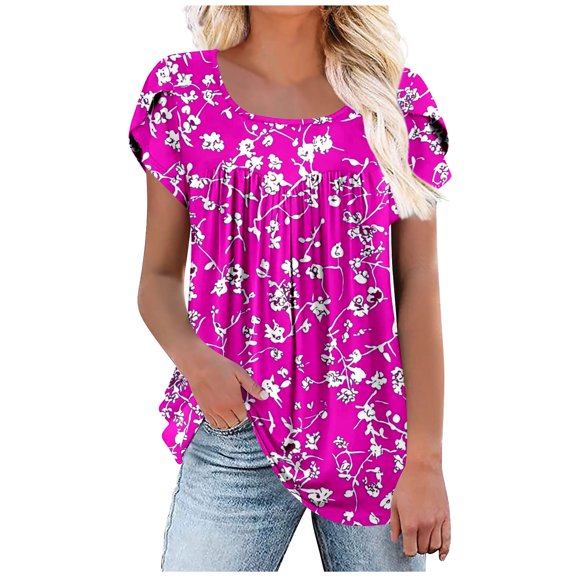 Womens Flowy Tunic Tops Petal Short Sleeve Floral Print Tees Pleated Dressy Casual Tshirts Summer Clothes (M, Hot Pink)