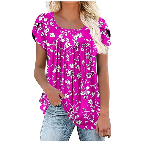 Womens Flowy Tunic Tops Petal Short Sleeve Floral Print Tees Pleated Dressy Casual Tshirts Summer Clothes (M, Hot Pink)
