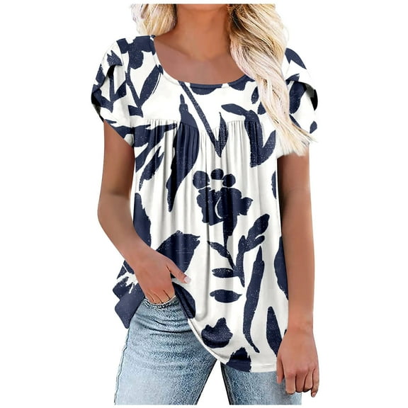 Womens Flowy Tunic Tops Petal Short Sleeve Floral Print Tees Pleated Dressy Casual Tshirts Summer Clothes (M, White)