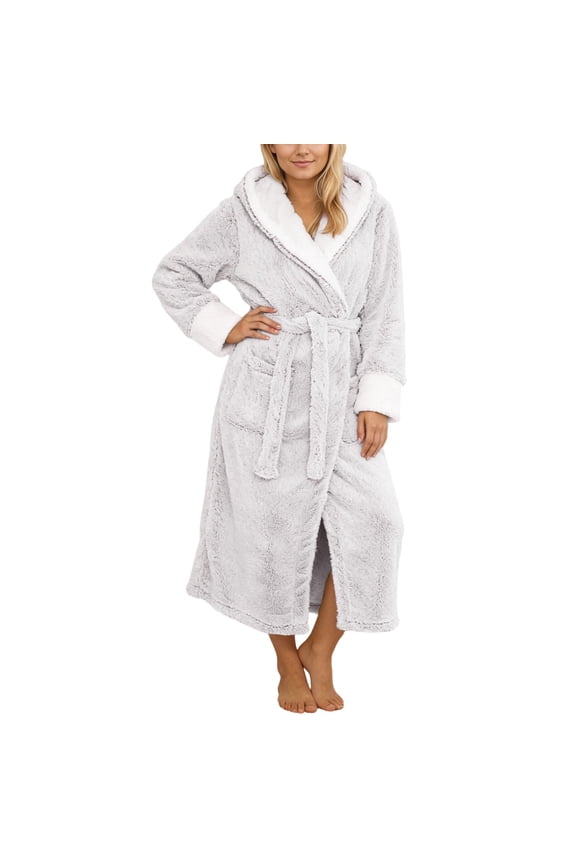 Womens Fluffy Hooded Robe Winter Plush Shawl Bathrobe Home Clothes Long Sleeved Robe Coat Bath Robe Loungewear Gray 4XL