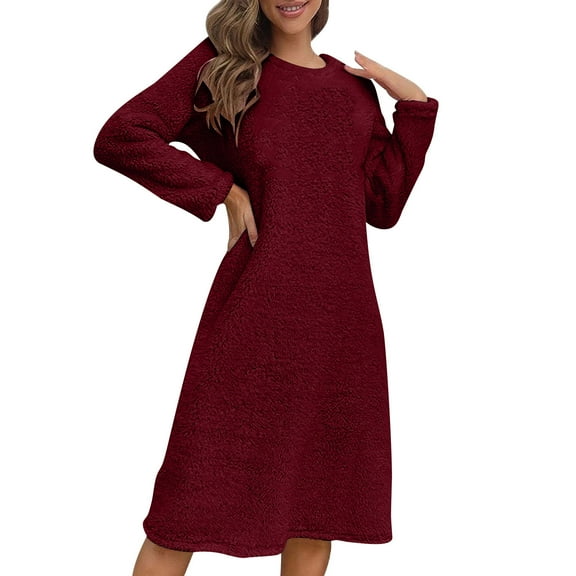 Womens Fluffy Night Dress Fall Winter Thicken Loungewear Full-Length Fleece Dresses Crewneck Long Sleeve Outfits Soft Comfy Pullover Warm Relaxed Clothing