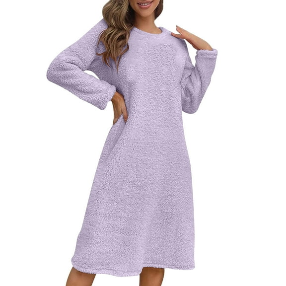 Womens Fluffy Night Dress Fall Winter Thicken Loungewear Full-Length Fleece Dresses Crewneck Long Sleeve Outfits Soft Comfy Pullover Warm Relaxed Clothing