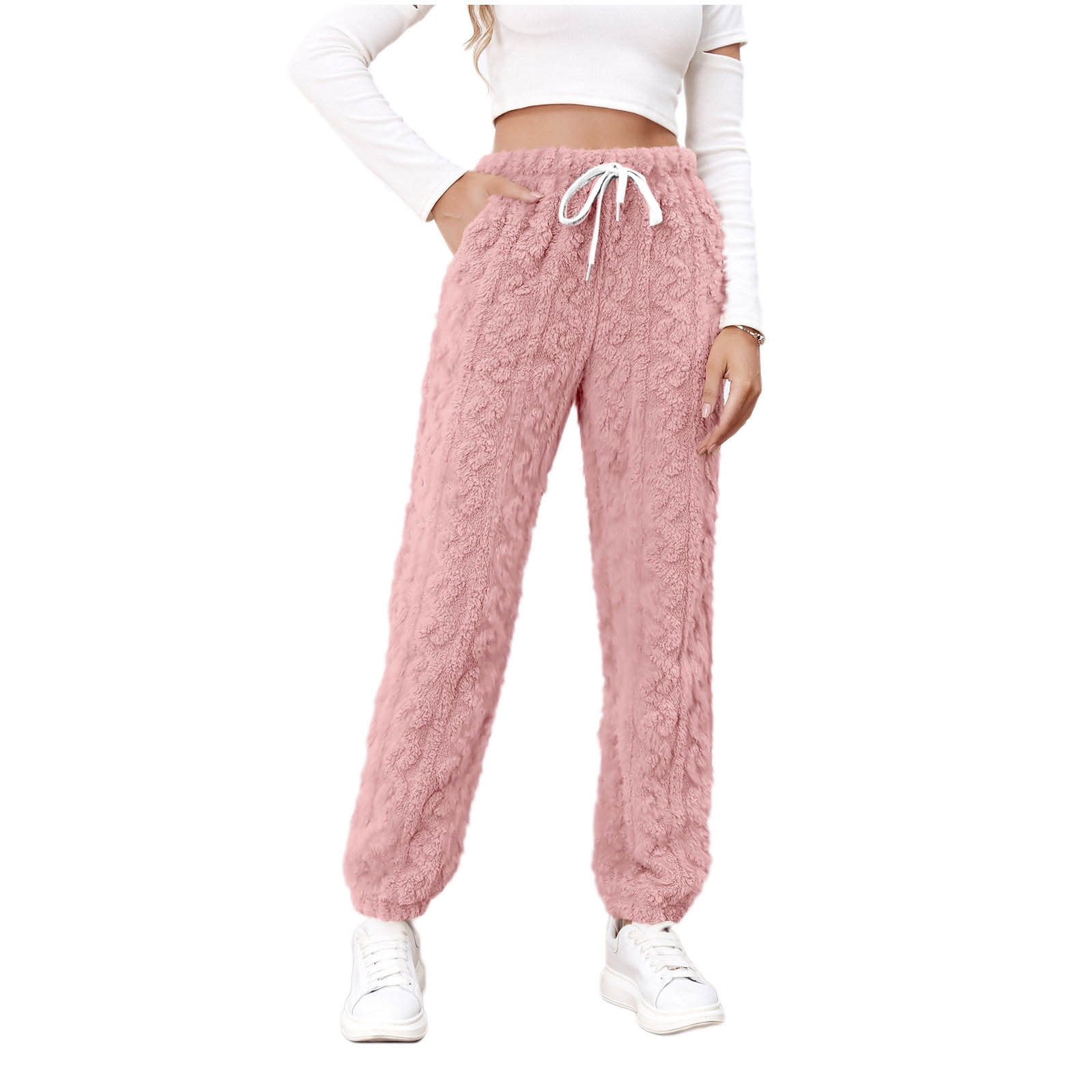 Womens Fluffy Pajama Pants High Waisted Cozy Soft Fuzzy Warm Pants Drawstring Sleepwear Lounge Bottoms with Pockets Walmart