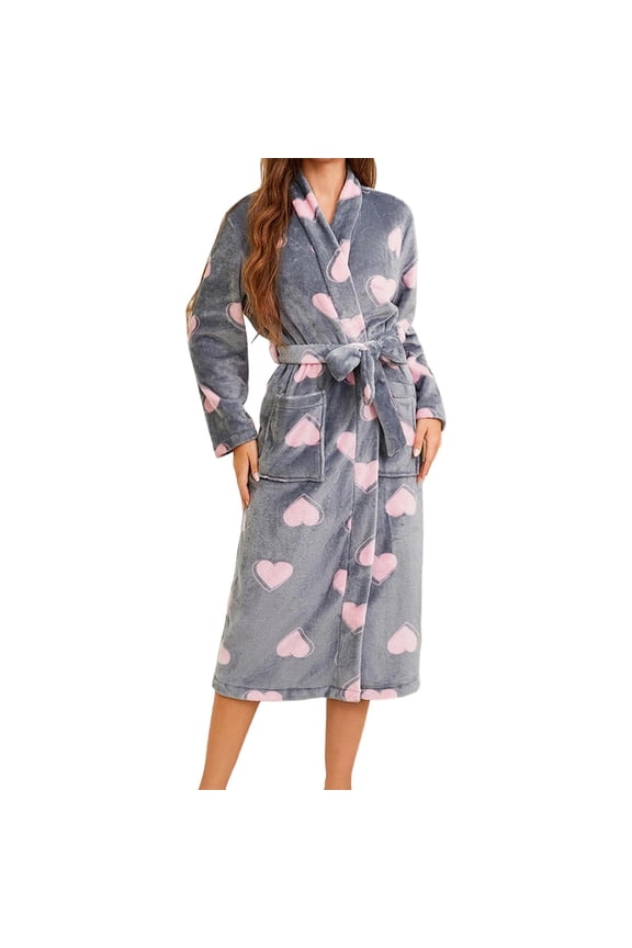 Womens Fluffy Robe Heart Print Robe Long Sleeve Soft Belted Loungewear Cozy Sleepwear Home Wearable Blanket for and Comfort Belted Bathrobe Grey S
