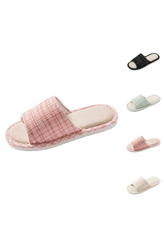 Womens Fluffy Slippers Lined Non Home Slides Women's Breathable Linen Slippers Indoor Outdoor Comfortable Flat Shoes For Everyday Casual Wear