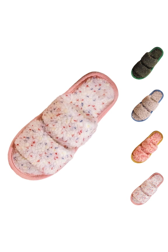 Womens Fluffy Slippers Warm Indoor Fall House Footwear New Double Bar Slippers Home Gradient Candy Color Indoor Ladies Slippers
