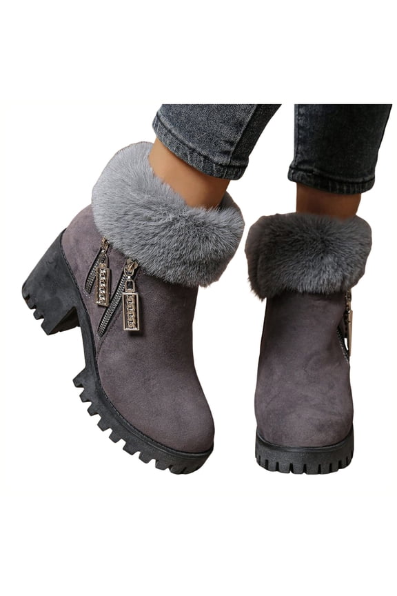 Womens Fluffy Suede Ankle Boots Chunky Heel Platform Winter Booties Fleece Lined Non Slip Dress Shoes with Side Zipper Gray Size 7