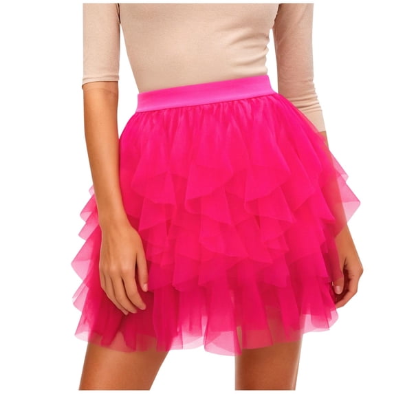 Womens Fluffy Tulle Skirts High Waist Dance Party Mesh Tutu Irregular Hem Summer Spring Skirts Hot Pink, L