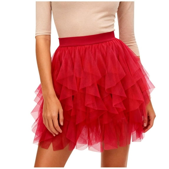 Womens Fluffy Tulle Skirts High Waist Dance Party Mesh Tutu Irregular Hem Summer Spring Skirts Red, S