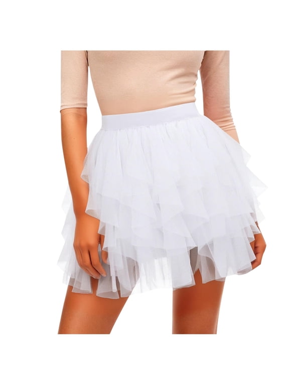 Womens Fluffy Tulle Skirts High Waist Dance Party Mesh Tutu Irregular Hem Summer Spring Skirts White, XL