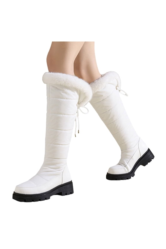 Womens Fluffy Winter Boots Platform Plush Knee High Booties Fleece Lined Non Slip Tall Snow Boots for Cold Weather White Size 10.5