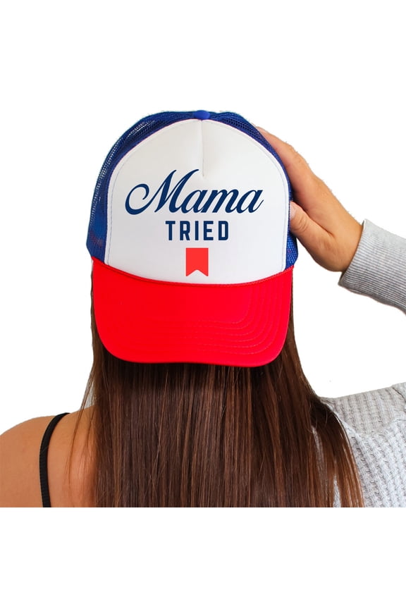 Womens Foam Trucker Hat Mama Tried Logo Printed Mesh Snapback Baseball Cap, White/Royal/Red