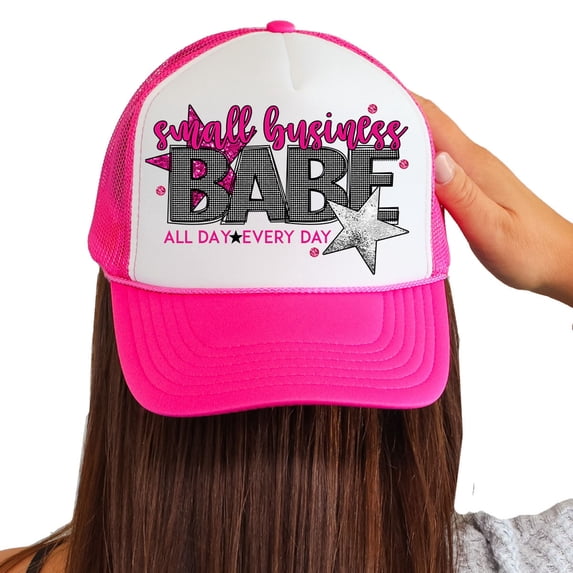Womens Foam Trucker Hat Small Business Babe Printed Mesh Snapback Trucker Baseball Cap, White/Hot Pink