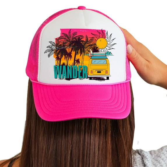 Womens Foam Trucker Hat Wander Summer Sun Palm Trees Printed Mesh Snapback Baseball Cap, White/Hot Pink