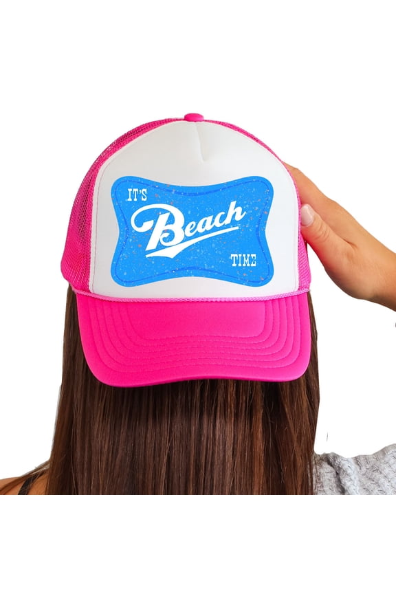 Womens Foam Trucker It's Beach Time Logo Summer Printed Mesh Snapback Baseball Cap, White/Hot Pink