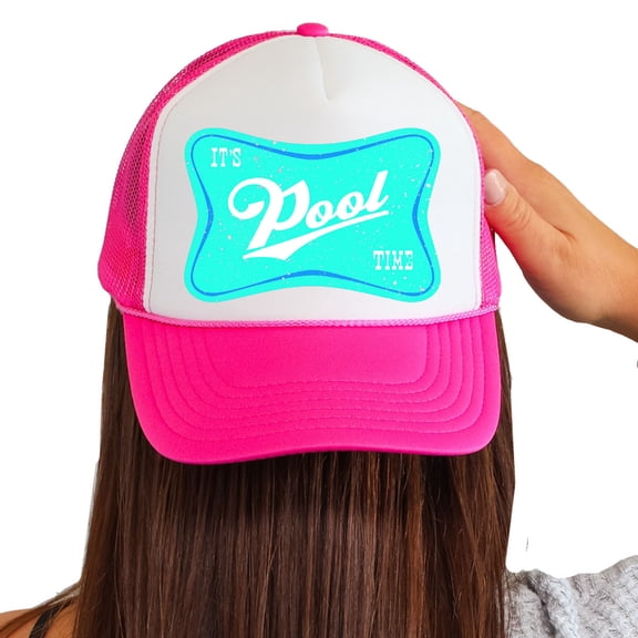 Womens Foam Trucker It's Pool Time Logo Summer Printed Mesh Snapback Baseball Cap, White/Hot Pink