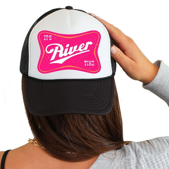 Womens Foam Trucker It's River Time Logo Summer Printed Mesh Snapback Baseball Cap, White/Black