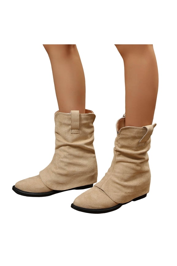 Womens Fold Over Ankle Boots Trendy Suede Slouchy Pull on Pointed Toe Flat Mid Calf Booties