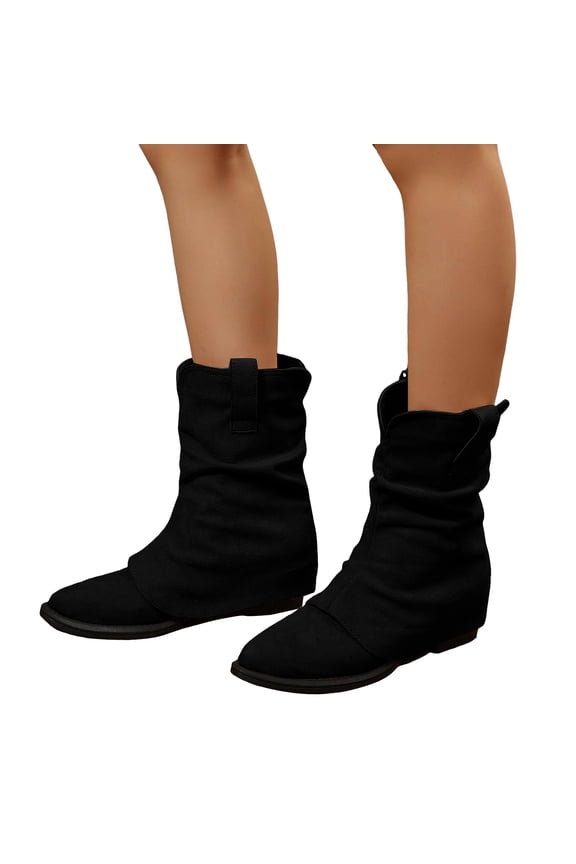 Womens Fold Over Ankle Boots Trendy Suede Slouchy Pull on Pointed Toe Flat Mid Calf Booties