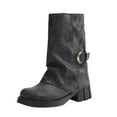 thumbnail image 1 of Womens Fold Over Buckle Mid Calf Boots 2025 Slouch Leather Wide Width Platform Chunky Heel Short Riding Boots, 1 of 6