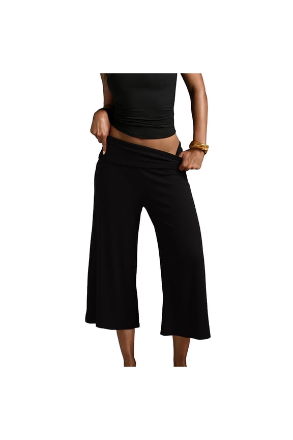 Womens Fold Over Capri Pants Flowy Low Rise Wide Leg Gaucho Pants Yoga Capris Comfy Lounge Bottoms
