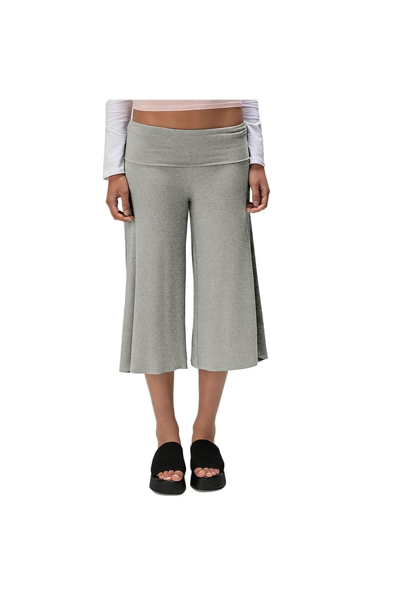 Womens Fold Over Gaucho Pants Culottes Low Rise Capris Foldover Flowy Going Out Flare Bottoms Wide Leg Capri Pants Gray L