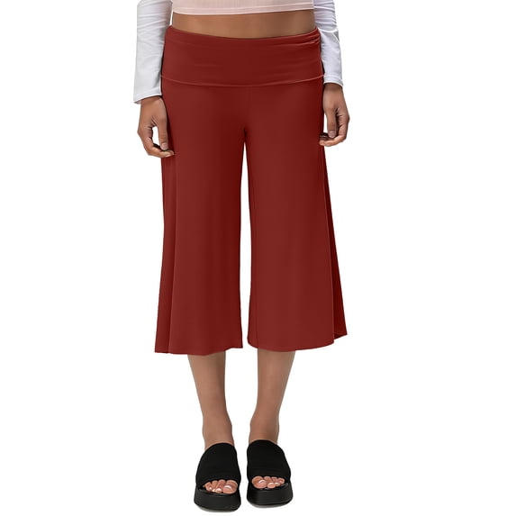 Womens Fold Over Gaucho Pants Culottes Low Rise Capris Foldover Flowy Going Out Flare Bottoms Wide Leg Capri Pants Wine 3XL