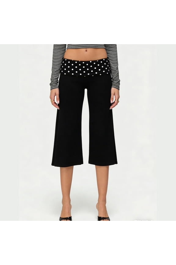 Womens Fold Over Gauchos Low Rise Cropped Wide Leg Pants 2026 Summer Comfy Stretchy Striped Yoga Culottes Black S