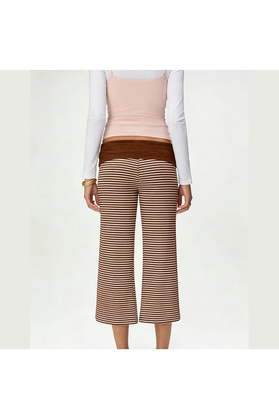 Womens Fold Over Gauchos Low Rise Cropped Wide Leg Pants 2026 Summer Comfy Stretchy Striped Yoga Culottes Coffee S