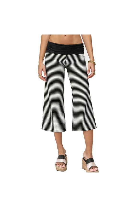 Womens Fold Over Gauchos Low Rise Cropped Wide Leg Pants 2026 Summer Comfy Stretchy Striped Yoga Culottes Dark Gray S