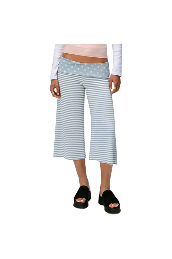 Womens Fold Over Gauchos Low Rise Cropped Wide Leg Pants 2026 Summer Comfy Stretchy Striped Yoga Culottes Light Blue 3XL